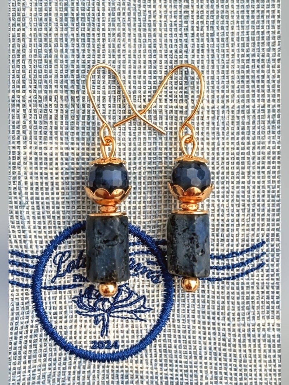 Natural Dark Blue Sapphire  In Drop Gold Plated Earrings